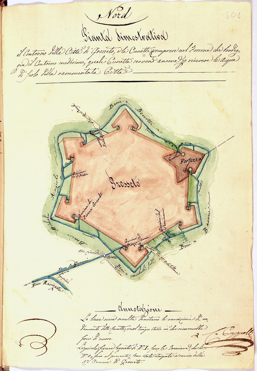 Rappresentazione del centro abitato di Grosseto con la sua cerchia muraria e la sua fortezza (1828). 
ASGr, Acque e strade, busta 1, carta 501. 1828